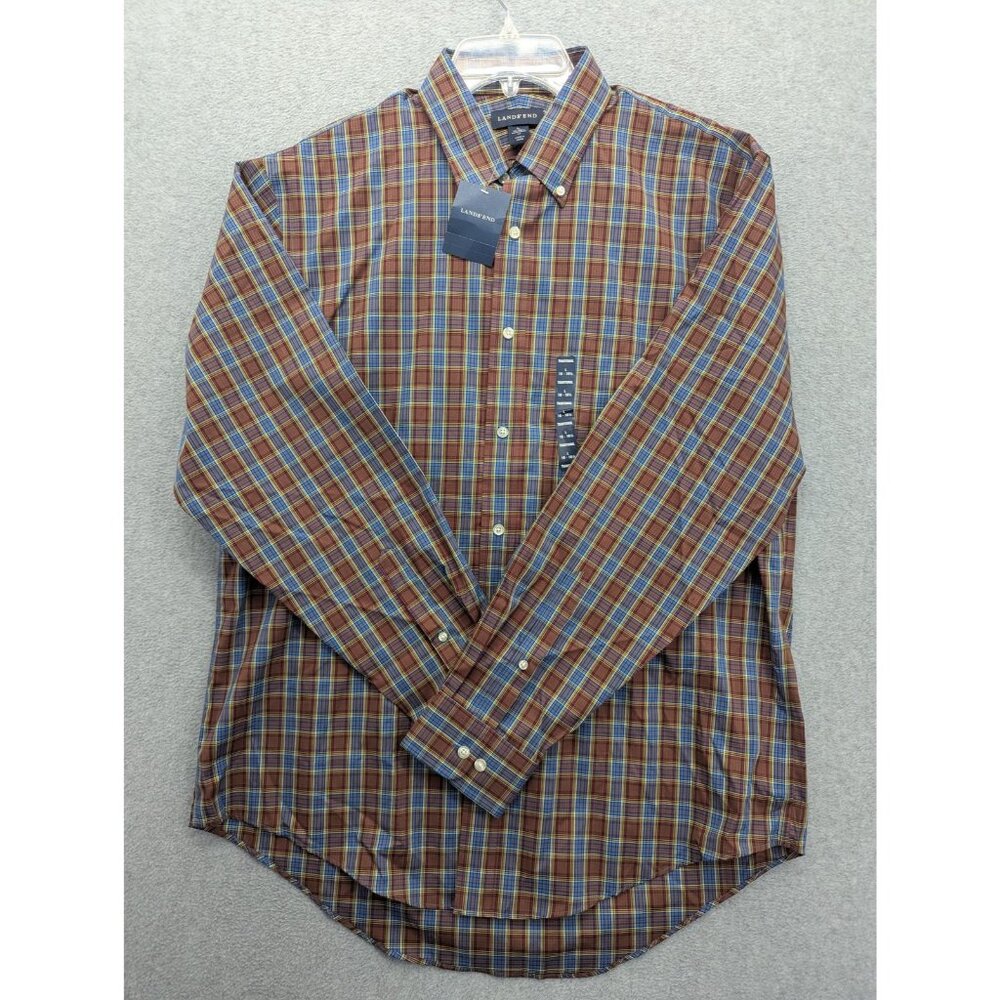 Lands' End Shirt Mens Large Anderson Tartan No Iron Long Sleeve Button Down